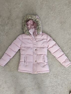 Ci Sono Light Pink Girls' Puffer Coat with Faux Fur Hood